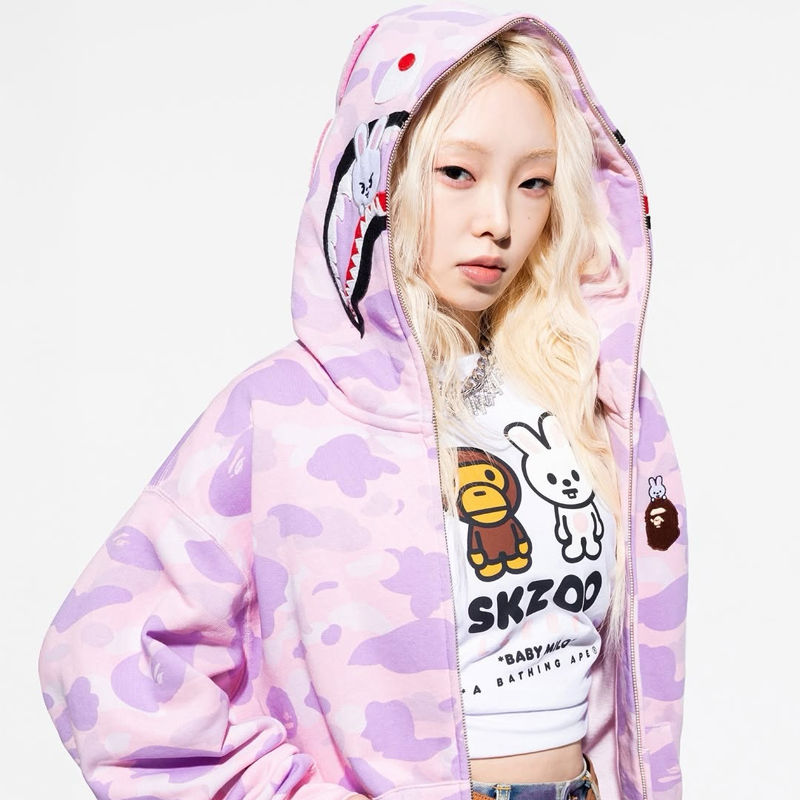 BAPE x Stray Kids Shark Full Zip Hoodie Pink Wearing Effect