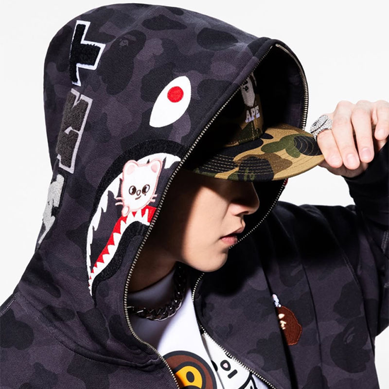 BAPE x Stray Kids Shark Full Zip Hoodie Black Wearing Effect