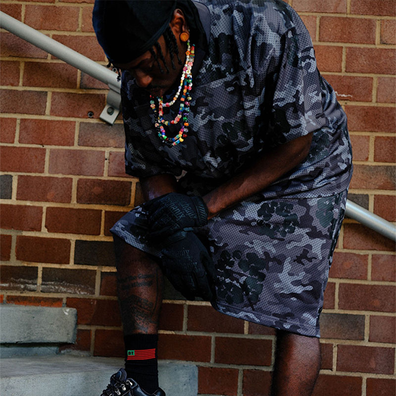 Denim Tears Camo Cotton Wreath Mesh Football Top and Shorts Black Wearing Effect