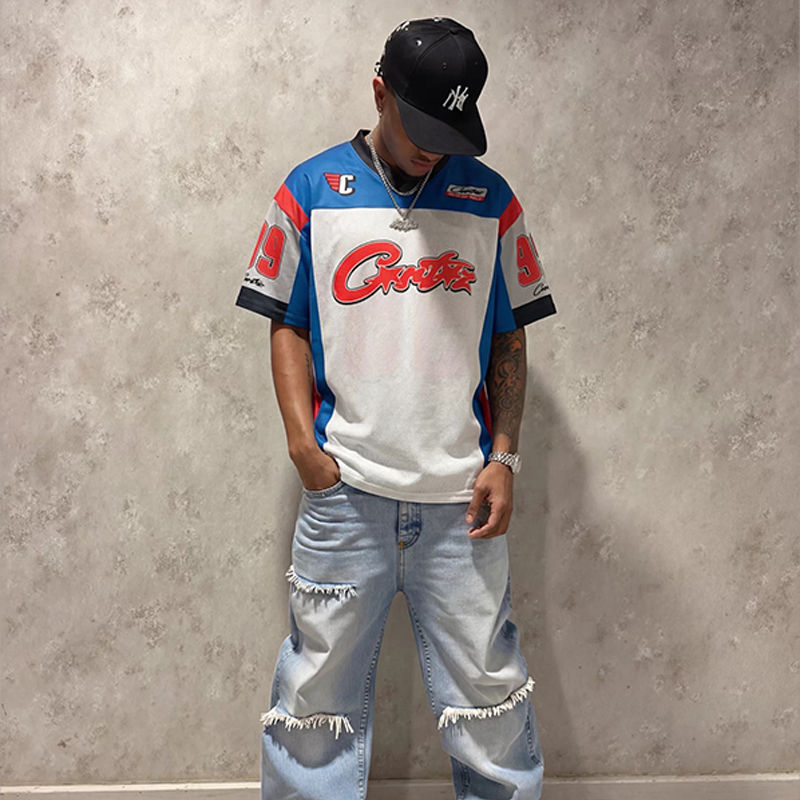 Corteiz Jersey Football V-Neck Tee White Wearing Effect
