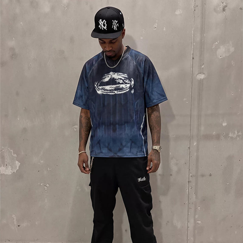 Corteiz Jersey Football V-Neck Tee Blue Wearing Effect