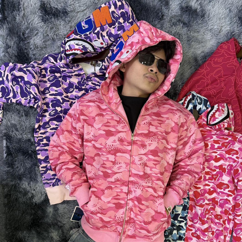 BAPE Fire Camo Shark Full Zip Hoodie Pink Wearing Effect