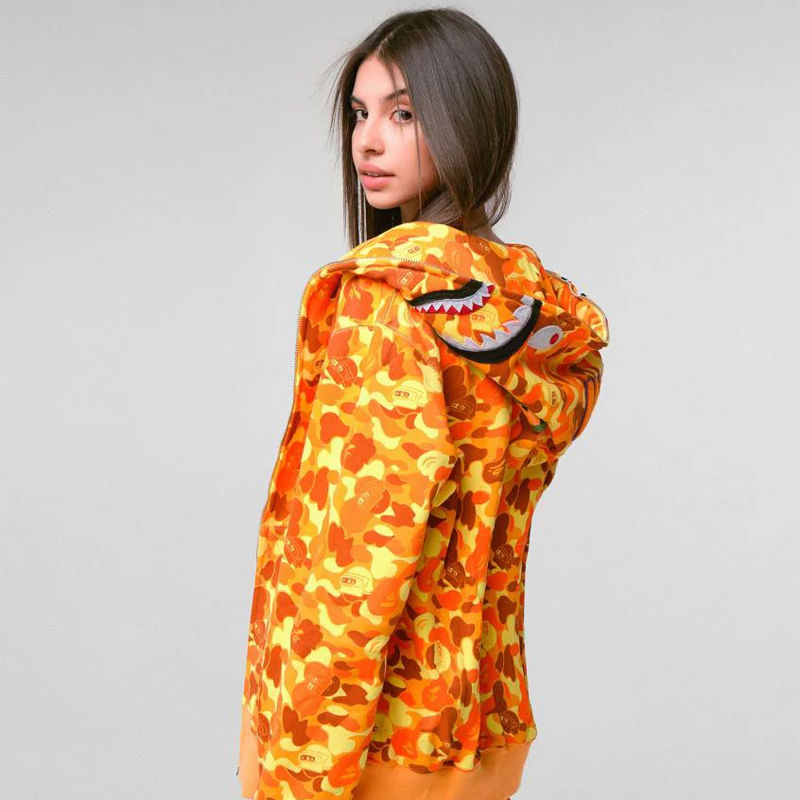 BAPE x PUBG Shark Full Zip Hoodie Orange Wearing Effect