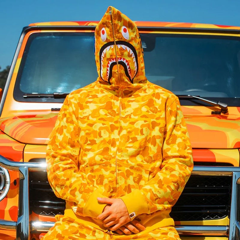 BAPE x PUBG Shark Full Zip Hoodie Orange Wearing Effect