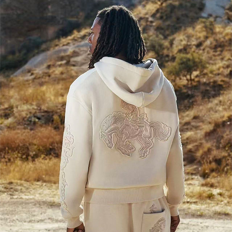 Derschutze Western Zip Up Hoodie Beige Wearing Effect