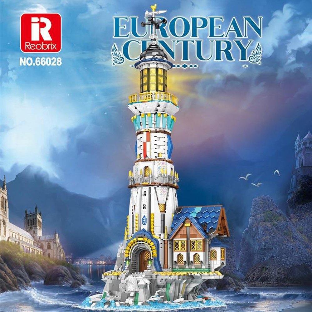 Reobrix Creator Expert Street View European Lighthouse 3228Pcs With Lights Moc Model Modular Building Blocks Bricks Toys 66028