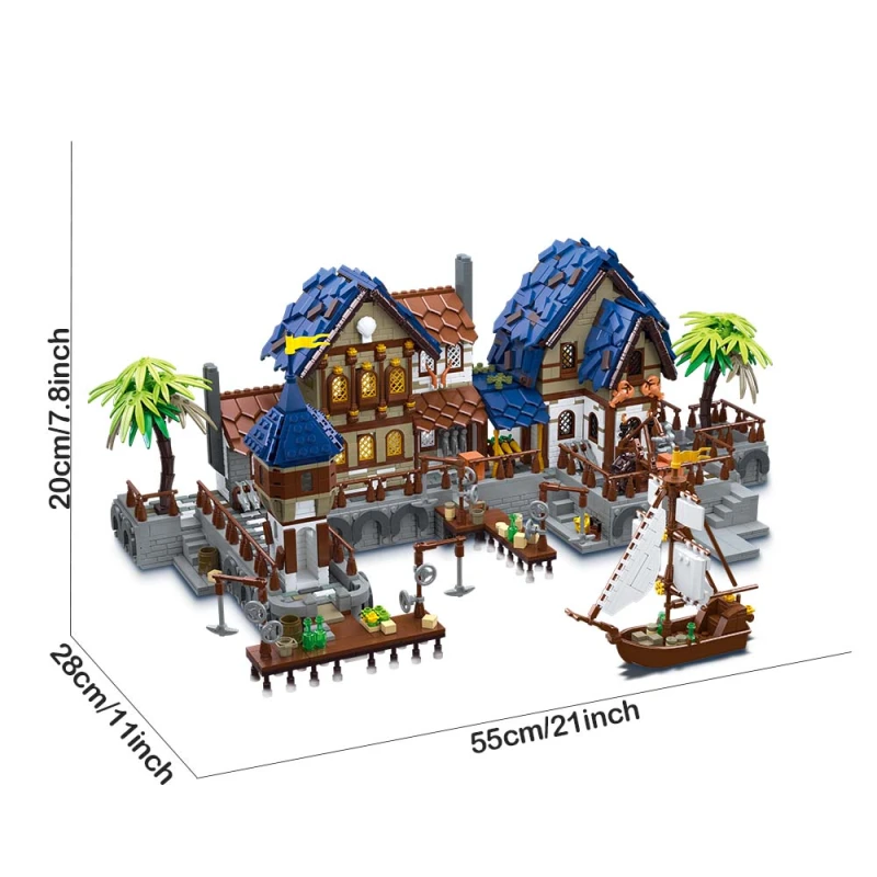 Jiestar Creator Expert Medieval Harbor 2979Pcs With Lights Moc Model Modualr Building Blocks Bricks Toys 89152