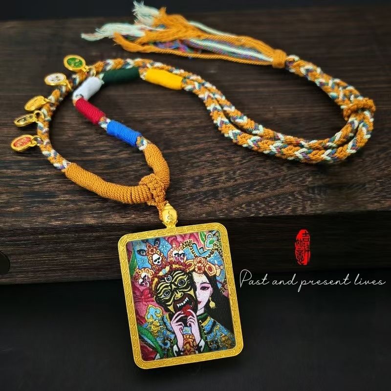 Cinnabar Thangka Alloy Protector Deity Pendant