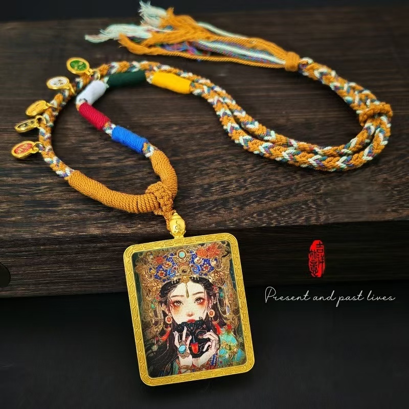 Cinnabar Thangka Alloy Protector Deity Pendant
