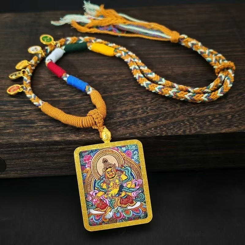 Cinnabar Thangka including Yellow Wealth God, Alloy Protector Deity Pendant