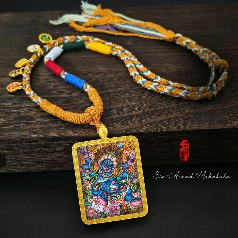 Cinnabar Thangka Alloy Protector Deity Pendant