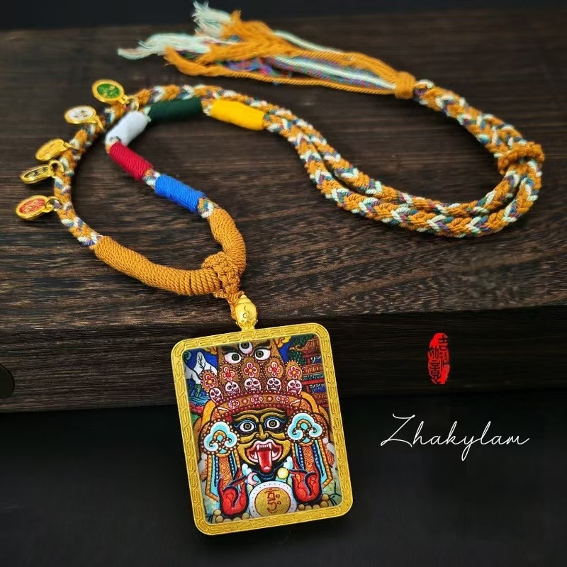 Cinnabar Thangka Alloy Protector Deity Pendant