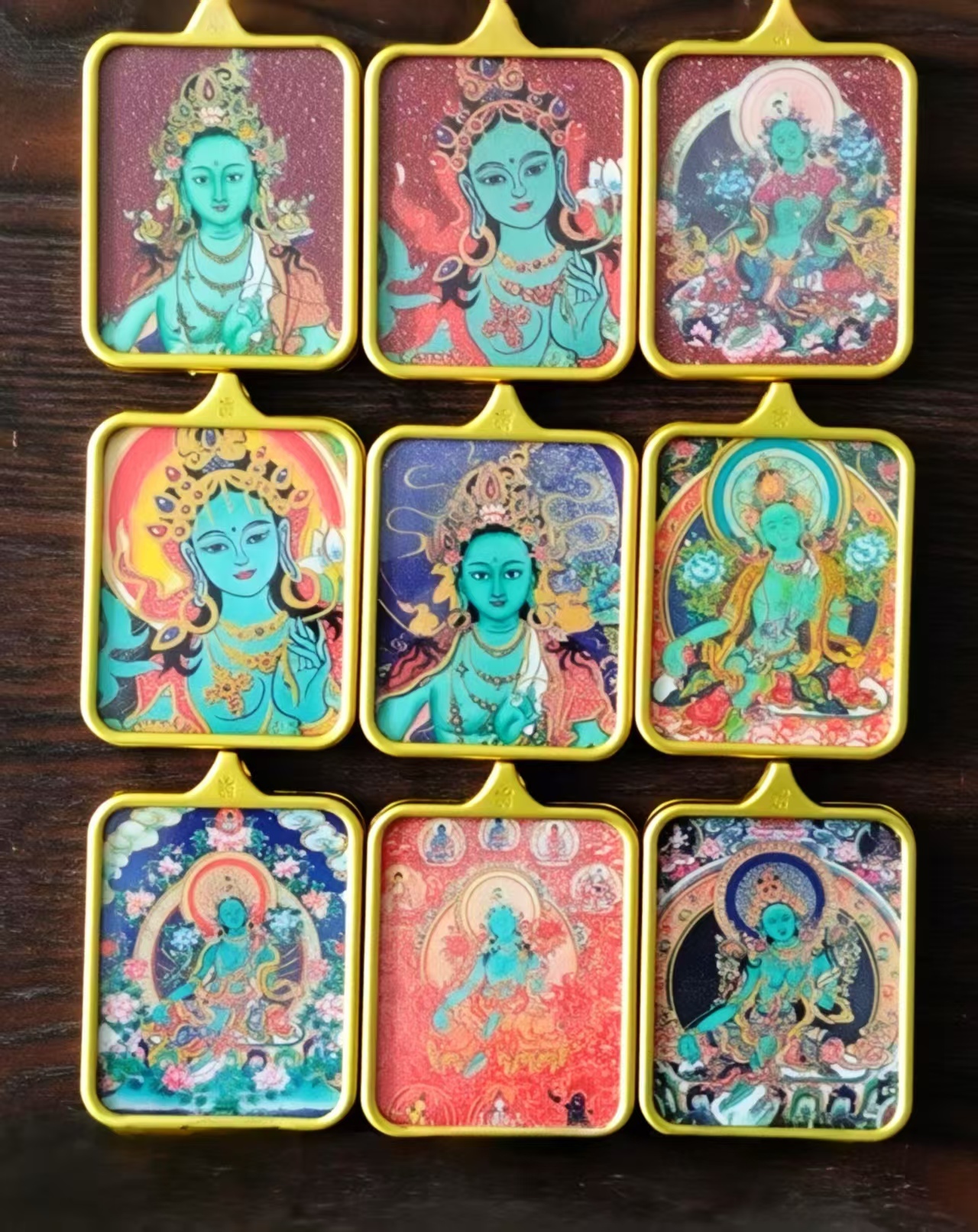 Tibetan Thangka Buddha Amulet - Green Tara with Cinnabar Inlay, Titanium Steel Alloy Pendant, Jiuhua Mountain Cultural Artifact