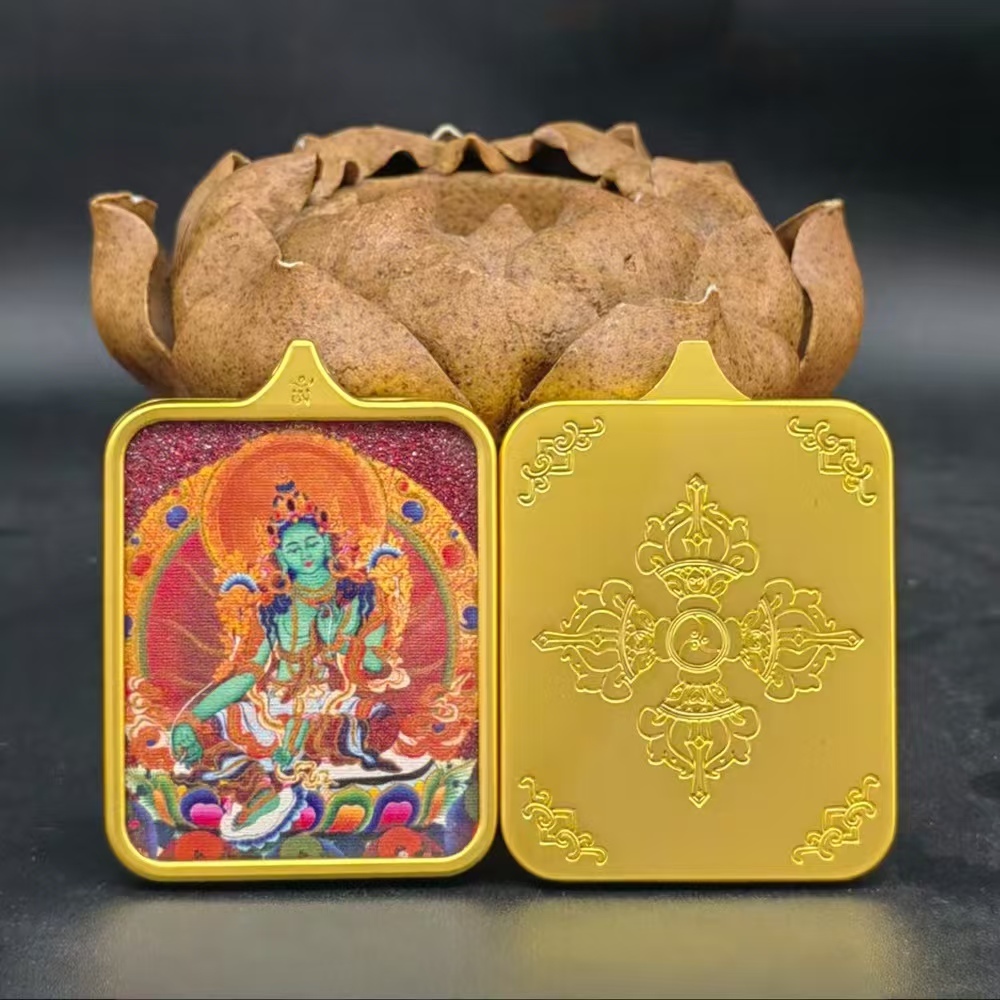Tibetan Thangka Buddha Amulet - Green Tara with Cinnabar Inlay, Titanium Steel Alloy Pendant, Jiuhua Mountain Cultural Artifact