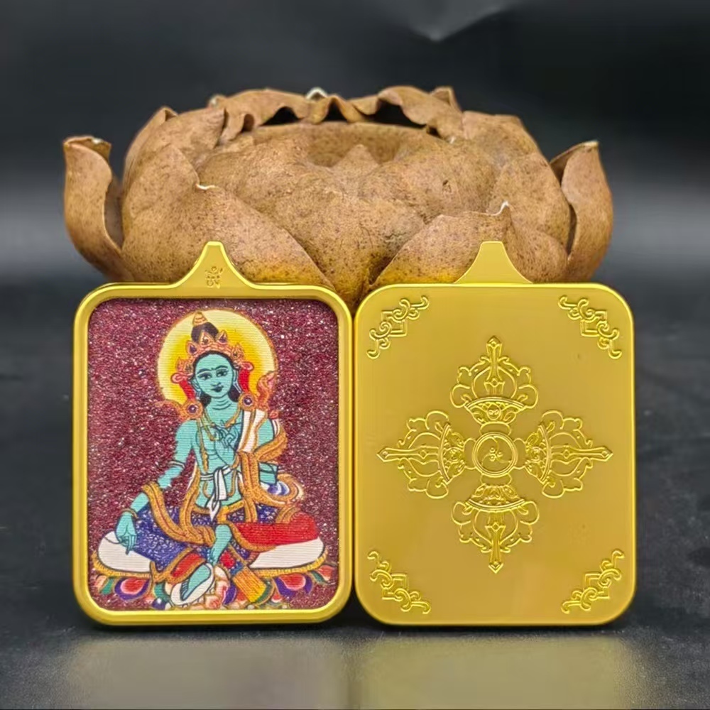 Tibetan Thangka Buddha Amulet - Green Tara with Cinnabar Inlay, Titanium Steel Alloy Pendant, Jiuhua Mountain Cultural Artifact