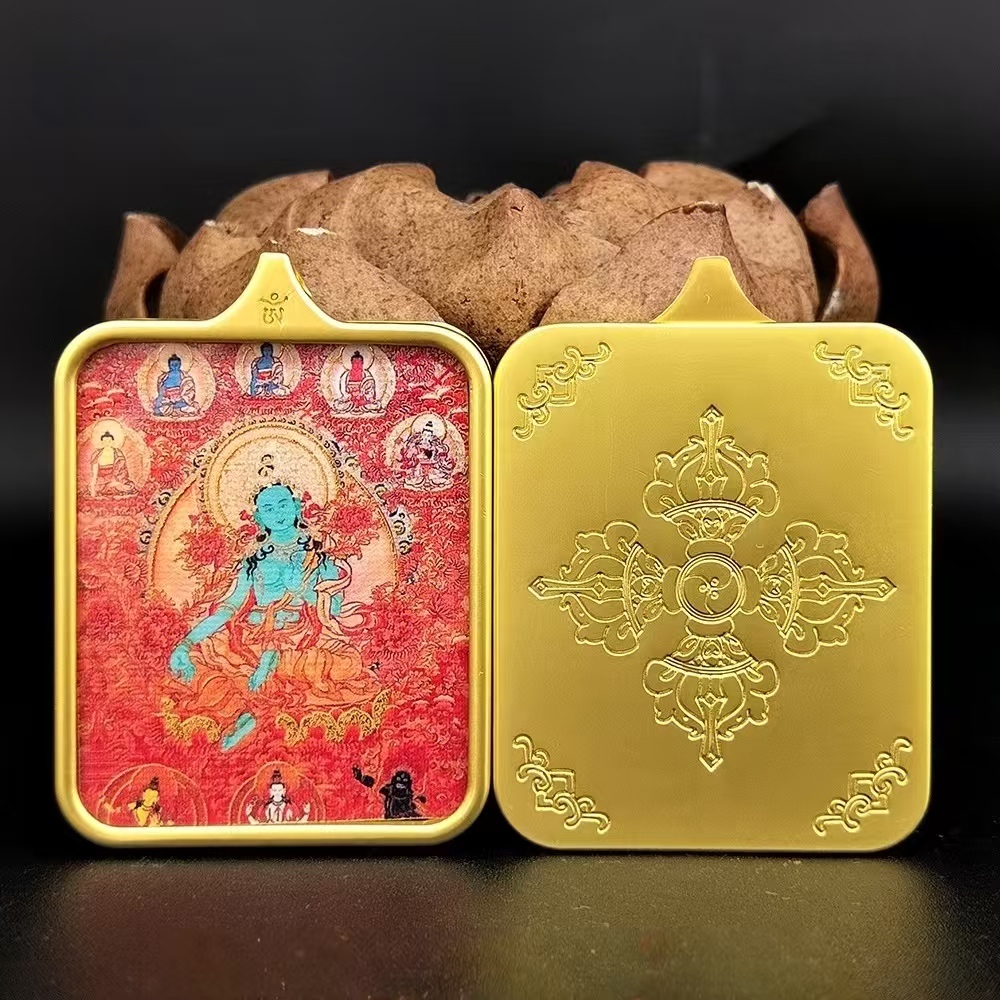 Tibetan Thangka Buddha Amulet - Green Tara with Cinnabar Inlay, Titanium Steel Alloy Pendant, Jiuhua Mountain Cultural Artifact