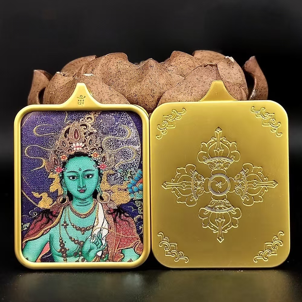 Tibetan Thangka Buddha Amulet - Green Tara with Cinnabar Inlay, Titanium Steel Alloy Pendant, Jiuhua Mountain Cultural Artifact