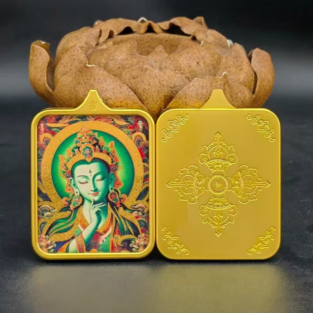 Tibetan Thangka Buddha Amulet - Green Tara with Cinnabar Inlay, Titanium Steel Alloy Pendant, Jiuhua Mountain Cultural Artifact