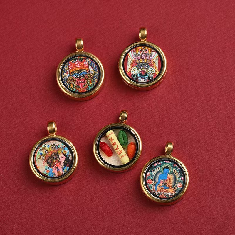 Mini Thangka of Five-Path Wealth God, Zhakylam, Small Fox, Eight Guardian Pendants