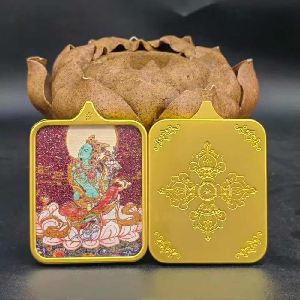 Tibetan Thangka Buddha Amulet - Green Tara with Cinnabar Inlay, Titanium Steel Alloy Pendant, Jiuhua Mountain Cultural Artifact