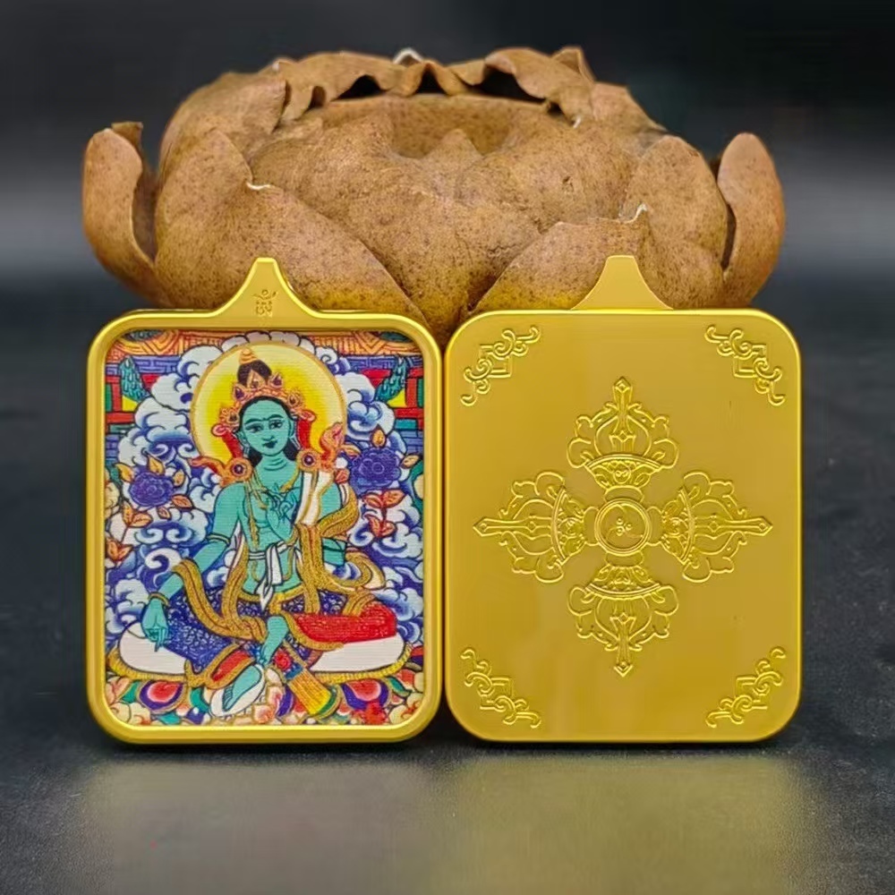Tibetan Thangka Buddha Amulet - Green Tara with Cinnabar Inlay, Titanium Steel Alloy Pendant, Jiuhua Mountain Cultural Artifact