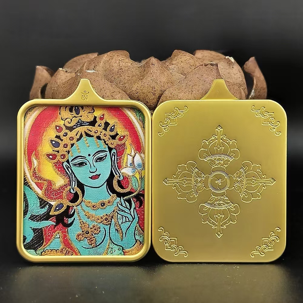 Tibetan Thangka Buddha Amulet - Green Tara with Cinnabar Inlay, Titanium Steel Alloy Pendant, Jiuhua Mountain Cultural Artifact