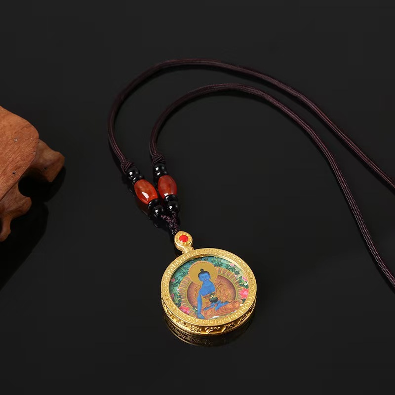 Mini Tangka Double-Sided Hand-Painted Thangka, Golden Circular