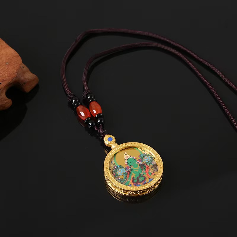 Mini Tangka Double-Sided Hand-Painted Thangka, Golden Circular