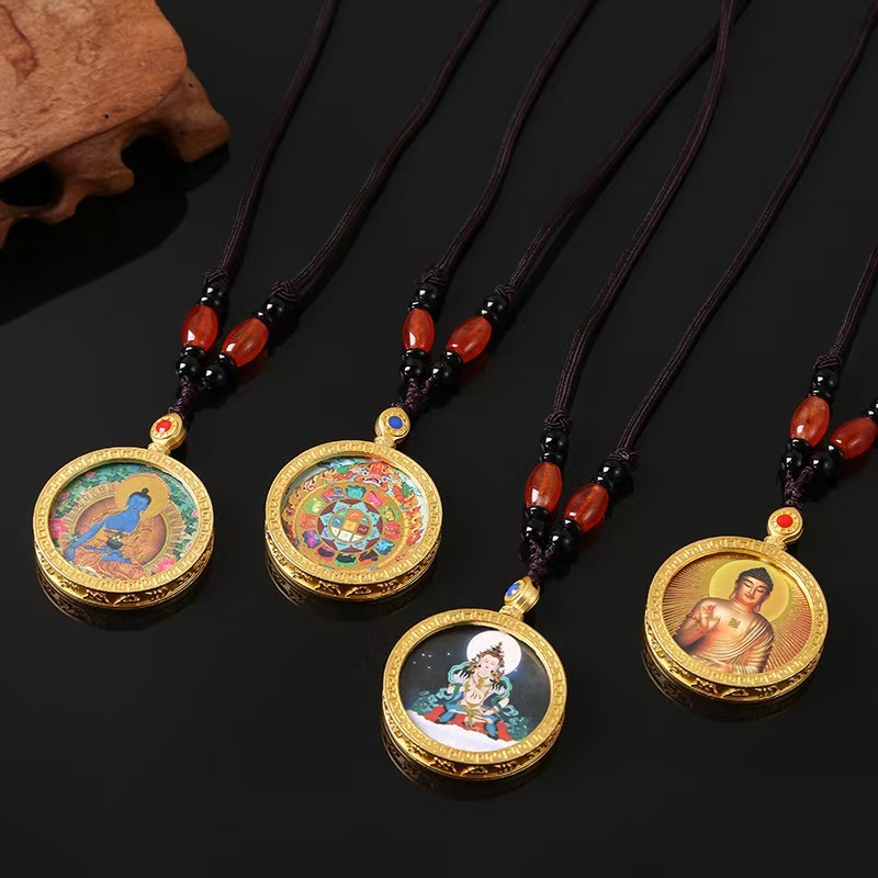 Mini Tangka Double-Sided Hand-Painted Thangka, Golden Circular