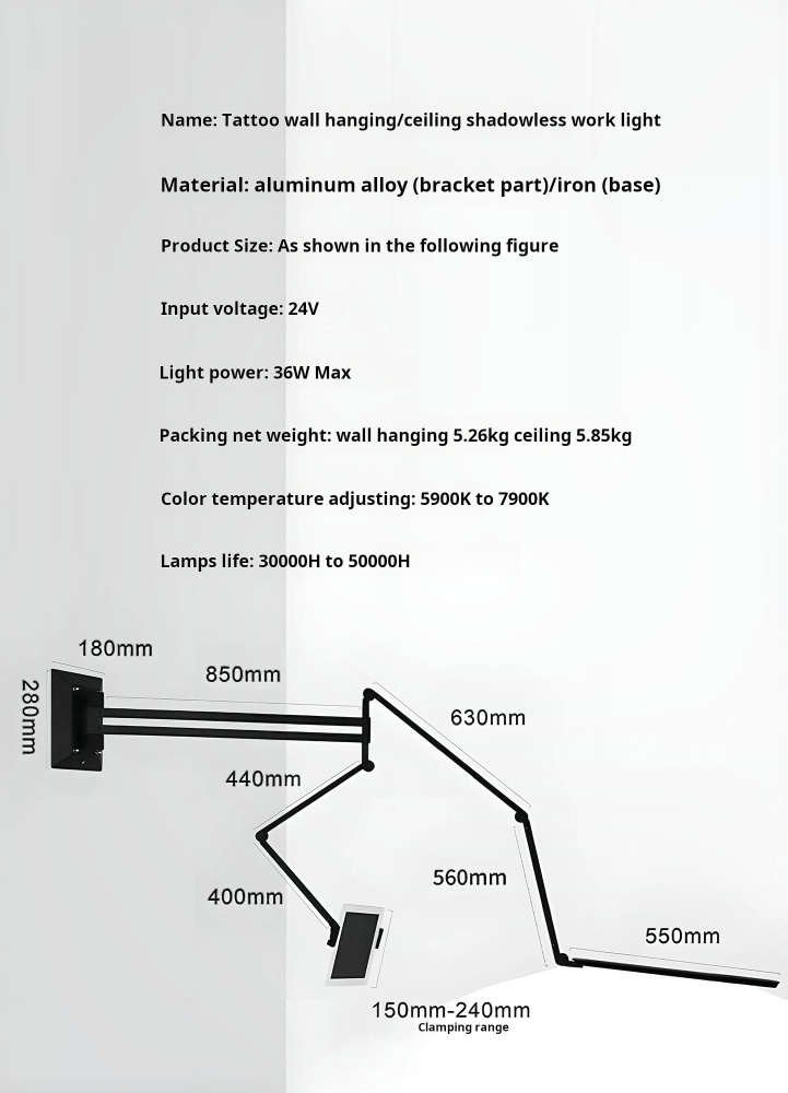 Tattoo folding wall mounted shadowless lamp
