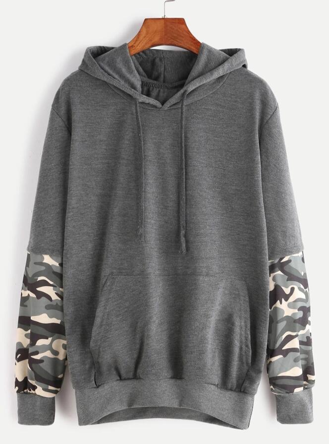 Dark Grey Hooded Contrast Camo Print Sleeve Pocket Sweatshirt