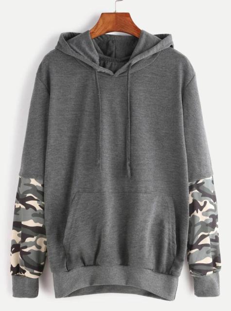 Dark Grey Hooded Contrast Camo Print Sleeve Pocket Sweatshirt