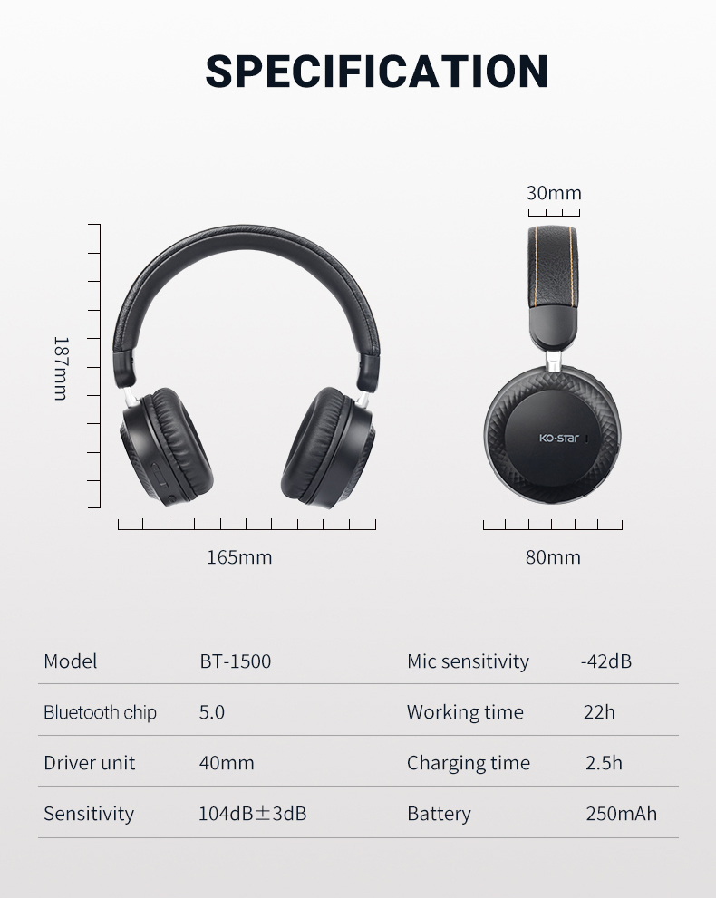 USHS BT-1500 Wireless Slim Over-Ear Headphones – HiFi Stereo Sound, Foldable, and Lightweight