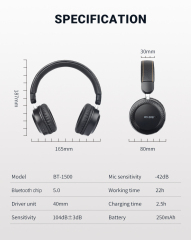 USHS BT-1500 Wireless Slim Over-Ear Headphones – HiFi Stereo Sound, Foldable, and Lightweight