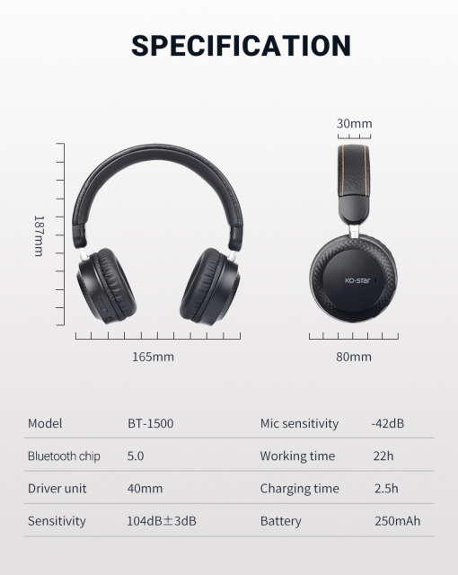 USHS BT-1500 Wireless Slim Over-Ear Headphones – HiFi Stereo Sound, Foldable, and Lightweight