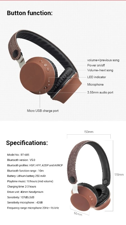 USHS BT-685 OEM Wholesale Bluetooth Headset with Fabric Headband Cushions - Wireless Bluetooth 5.0 Headphone, 20 Hours Playtime