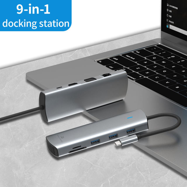 9-in-1 USB 3.0 Docking Station - 5Gbps USB2.0, RJ45, SD, TF Card, PD3.0 100W Fast Charging, Dual Display 4K30Hz, VGA