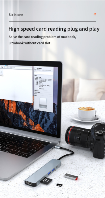 6-in-1 USB C Hub - HD-MI 4K, PD 87W, USB3.0, USB2.0, SD, TF - Stock USB C Hub for Enhanced Connectivity