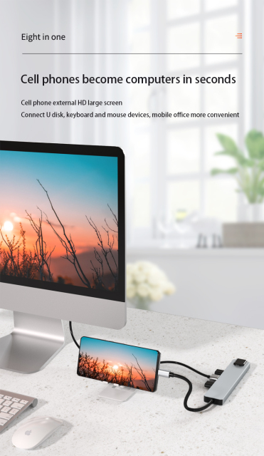 8-in-1 Universal Type-C Hub - PD, USB Data, USB 3.0 x 3, SD, TF, HDMI, RJ45 - Gray Hub