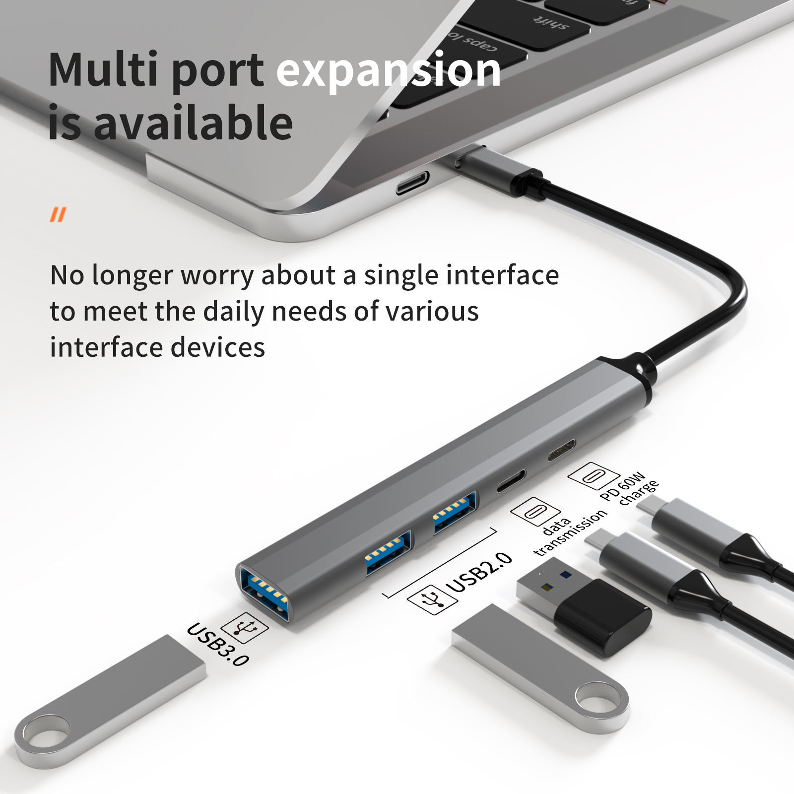 5-in-1 USB Type C Hub Adapter - Type C to USB2.0, PD60W, USB C Data x 2, USB3.0 - 5-in-1 Type-C Hub