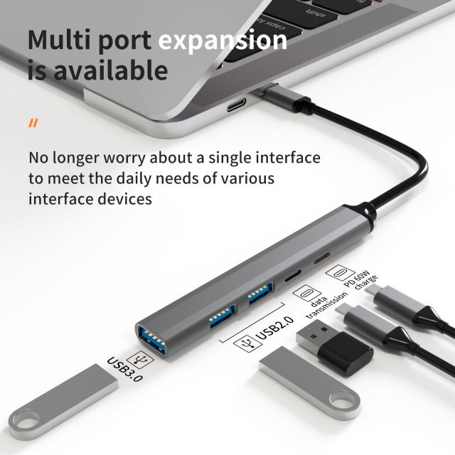5-in-1 USB Type C Hub Adapter - Type C to USB2.0, PD60W, USB C Data x 2, USB3.0 - 5-in-1 Type-C Hub