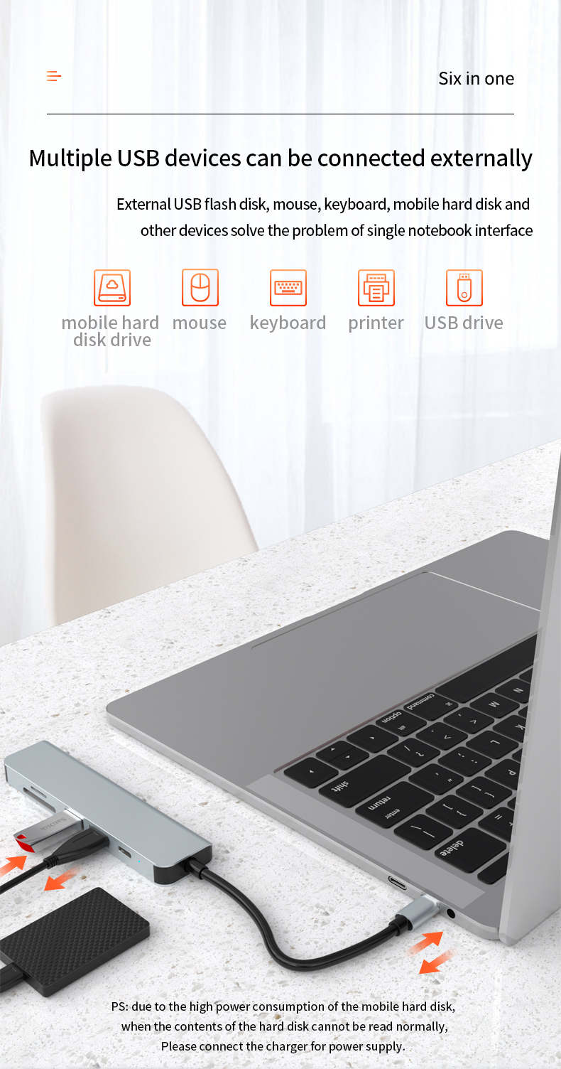 6-in-1 USB C Hub - HD-MI 4K, PD 87W, USB3.0, USB2.0, SD, TF - Stock USB C Hub for Enhanced Connectivity