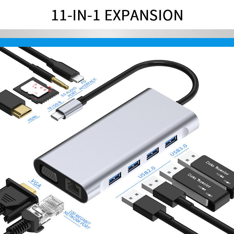 11-in-1 Type-C Hub - HD-MI, VGA, RJ45, USB3.0, USB2.0 x 3, SD, TF, Power Delivery - Multifunctional Docking Station Adapter for Laptop