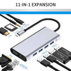 11-in-1 Type-C Hub - HD-MI, VGA, RJ45, USB3.0, USB2.0 x 3, SD, TF, Power Delivery - Multifunctional Docking Station Adapter for Laptop