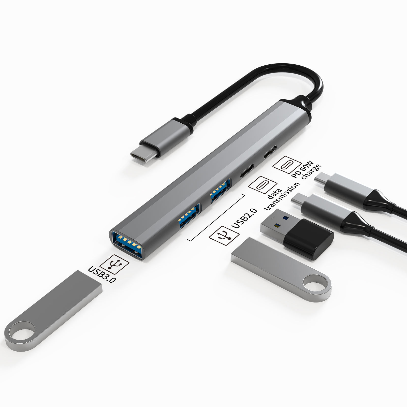 5-in-1 USB Type C Hub Adapter - Type C to USB2.0, PD60W, USB C Data x 2, USB3.0 - 5-in-1 Type-C Hub