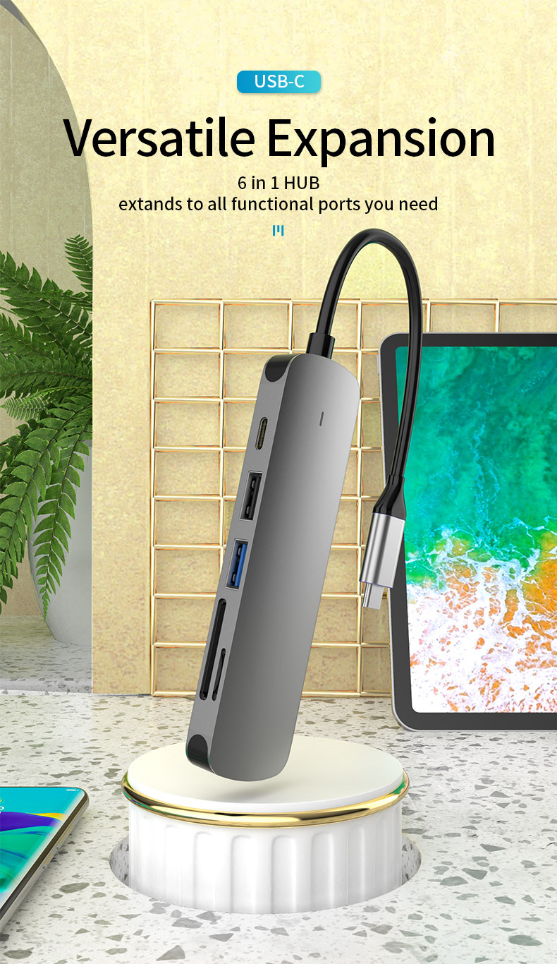 6-in-1 USB Fast Charge 3.0 Hub - PD, HDMI, USB 3.0, USB 2.0, SD, TF - Factory Private Model USB Type C Hub