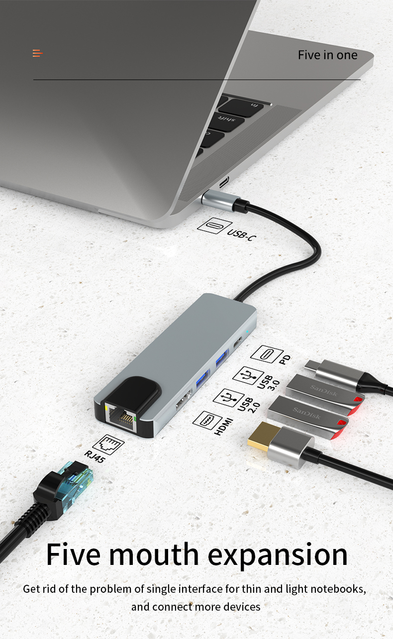 5-in-1 USB C Hub - Type C to HD-MI, USB3.0, USB2.0, SD, TF - Portable and Efficient Hot Sale