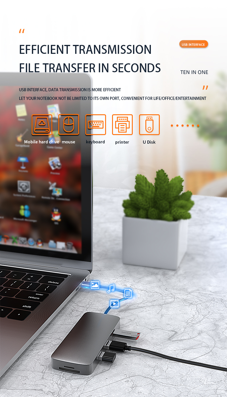 10-in-1 USB 3.0 Type-C Hub - HD-MI, USB3.0, USB2.0 x 2, SD, TF, RJ45, VGA, Audio 3.5mm, PD - High Definition Video Transfer