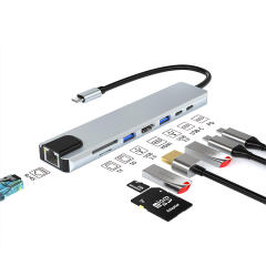 8-in-1 Universal Type-C Hub - PD, USB Data, USB 3.0 x 3, SD, TF, HDMI, RJ45 - Gray Hub