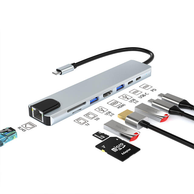 8-in-1 Universal Type-C Hub - PD, USB Data, USB 3.0 x 3, SD, TF, HDMI, RJ45 - Gray Hub